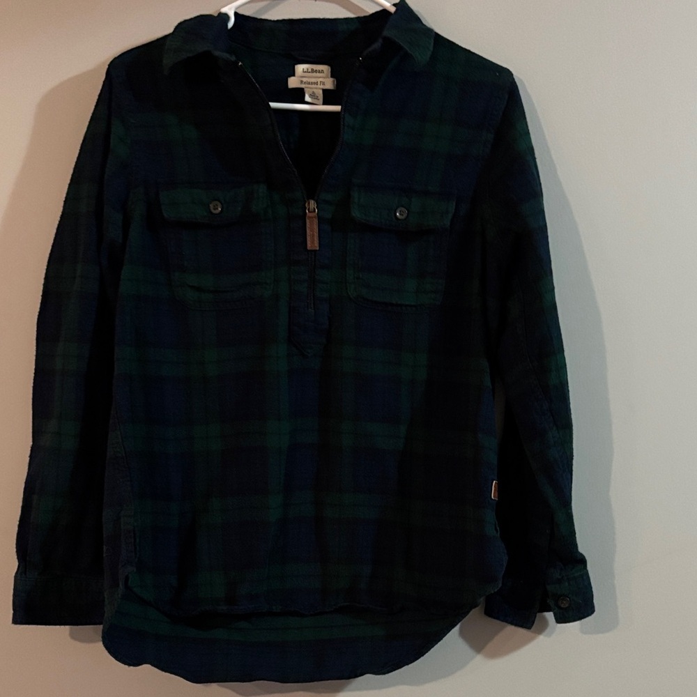 L.L. Bean Navy and Green Plaid Half-Zip Button-Down Shirt
